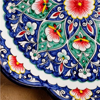 Ляган Риштанская Керамика "Цветы", 32 см, синий, рифлённый