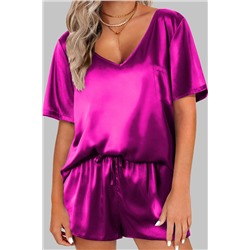 Bright Pink Satin V Neck Tee and Drawstring Shorts Set