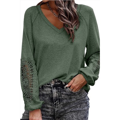 Green Crochet Lace Patch Raglan Sleeve Top