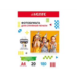 Фотобумага для стуйной печати "de VENTE" А4, 20л,180гр/м2, глянц.односторон. в пласт. пак. 2042900