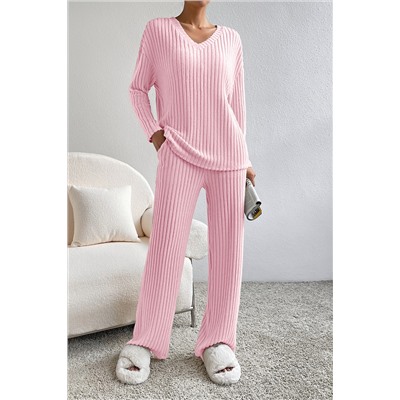 Light Pink Ribbed Knit V Neck Slouchy Two-piece Outfit