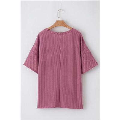 Rose Pink Textured V-Neck Dropped Shoulder Plus T-Shirt