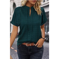 Sea Green Solid Textured Split Neck Short Sleeve Blouse