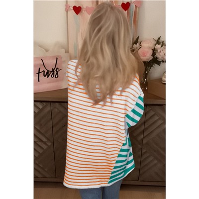 Orange Stripe Colorblock Patchwork Baggy T Shirt