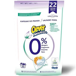 Капсулы Clever Neutro+ Laundry Pods Color & White CLOVIN для стирки универсальные гипоаллергенные 22 шт (22 х 18г) 396г, 779781