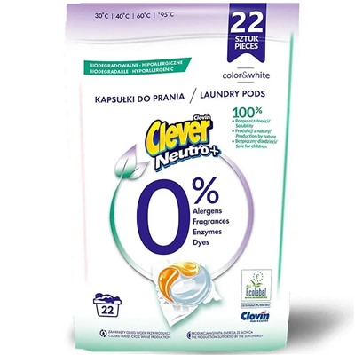 Капсулы Clever Neutro+ Laundry Pods Color & White CLOVIN для стирки универсальные гипоаллергенные 22 шт (22 х 18г) 396г, 779781