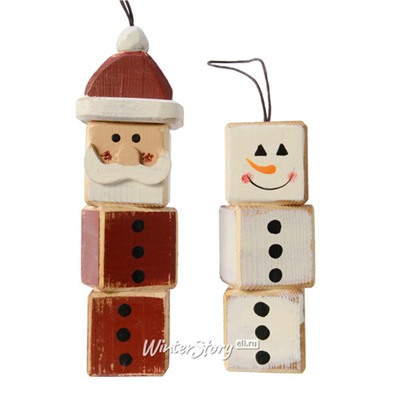 Набор деревянных елочных игрушек Санта и Снеговик Олли 12-15 см, 2 шт, подвеска (Kaemingk)