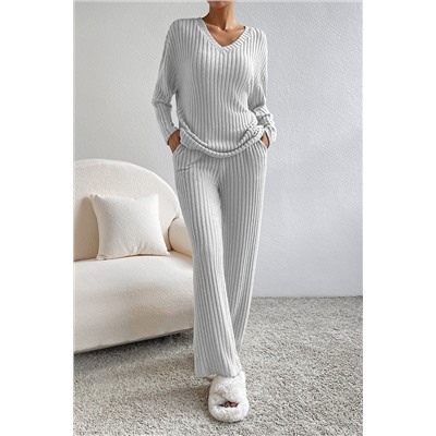 Light Grey Ribbed Knit V Neck Slouchy Two-piece Outfit