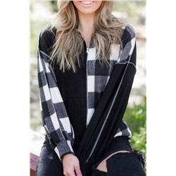 Black Checkboard Patchwork Exposed Stitching Collared Top