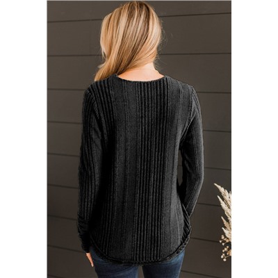 Black V Neck Buttoned Ribbed Knit Top