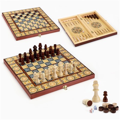 Настольная игра 3 в 1 "Мозаика": шахматы, нарды, шашки, доска деревянные большие 40 х 40 см