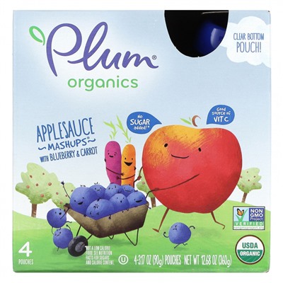 Plum Organics, яблочное пюре с голубикой и морковью, 4 пакетика по 90 г (3,17 унции)