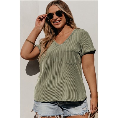 Meadow Mist Green Plus Size Corded V Neck Patch Pocket Tee