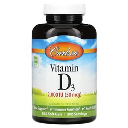 Carlson Labs, витамин D3, 2000 МЕ (50 мкг), 360 мягких таблеток