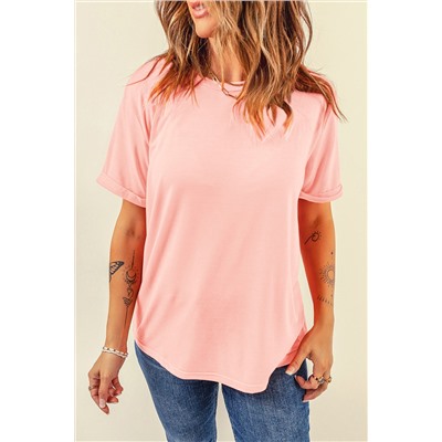 Pink Casual Plain Crew Neck Tee