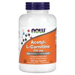 NOW Foods, ацетил-L-карнитин, 500 мг, 200 вегетарианских капсул
