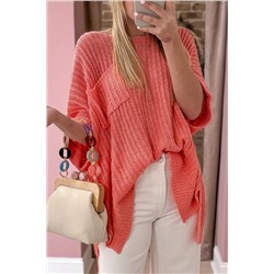 Fresh Salmon Rolled Cuffs Loose Knit Tee with Slits