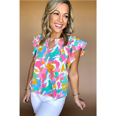 Multicolour Abstract Print Notched Neck Flutter Sleeve Blouse