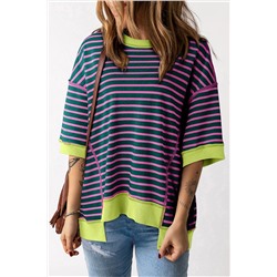 Green Stripe Oversized Contrast Trim Exposed Seam High Low T Shirt