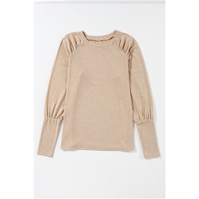 Pale Khaki Solid Ruched Raglan Sleeve Knit Top