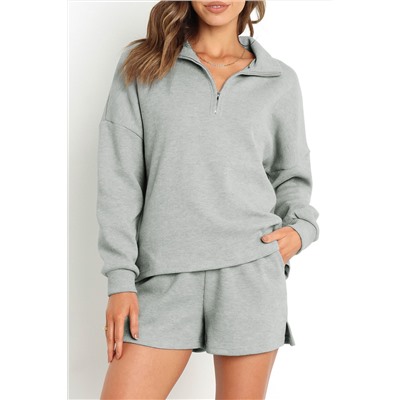 Gray Ribbed Zipper Sweatshirt and High Waist Shorts Set