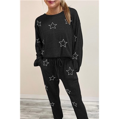 Black Stars Print Long Sleeve Drawstring High Waist Lounge Set