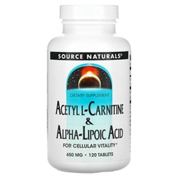 Source Naturals, Ацетил L-карнитин и альфа-липоевая кислота, 650 мг, 120 таблеток