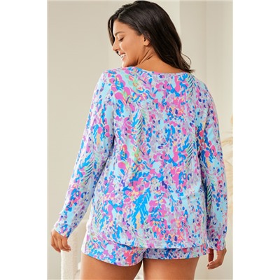 Sky Blue Plus Size Floral Print Long Sleeve and Shorts Lounge Outfit