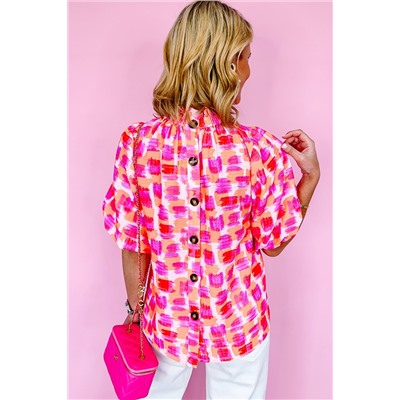 Pink Abstract Print Button Back Ruffed High Neck Blouse