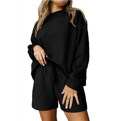 Black Textured Long Sleeve Top and Drawstring Shorts Set