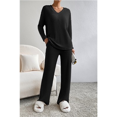 Black Ribbed Knit V Neck Slouchy Two-piece Outfit