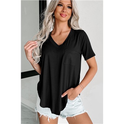 Black V Neck Pocketed Rounded Hem Tee