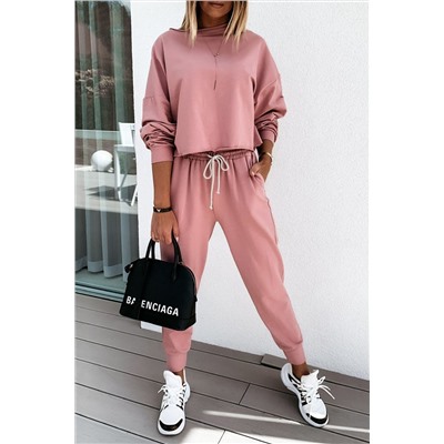 Pink Solid Sport Boxy Fit Pullover & Pants Outfit