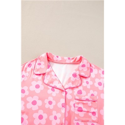 Pink Flower Print Short Sleeve Shirt Pajamas Set