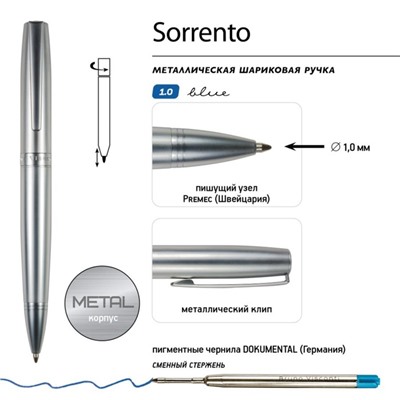 Ручка шариковая поворотная, 1.0 мм, BrunoVisconti SORRENTO, стержень синий, металлический корпус серебристый