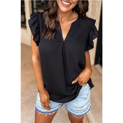 Black Notched Neck Ruffle Sleeve Blouse