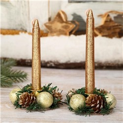 Свеча новогодняя с подсвечником "Шишки и шарики" (набор 4 шт) 3,5х11х15 см, золото