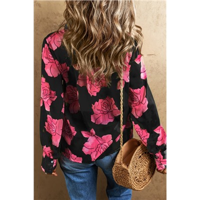 Black Floral Print Pleated Detail Puff Sleeve Shirt