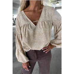 Khaki V Neck Bow Tie Bubble Sleeve Blouse