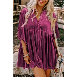 Pitaya Pink 3/4 Sleeve Tunic Babydoll Velvet Shirt