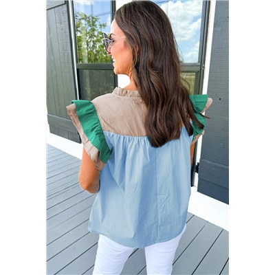 Mist Blue Colorblock Ruffled Sleeve Frill V Neck Blouse