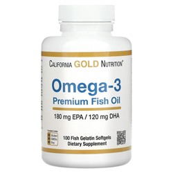 California Gold Nutrition, омега-3, рыбий жир премиального качества, 180 мг ЭПК / 120 мг ДГК, 100 капсул из рыбьего желатина