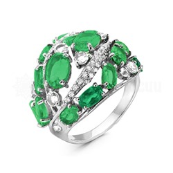 Кольцо из серебра с зеленым агатом и цирконием родированное 925 пробы 01-2698