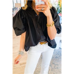 Black Crisp Puff Sleeve Loose Shirt