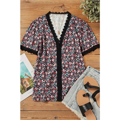 Multicolor Ditsy Floral Lace Trim Casual Blouse