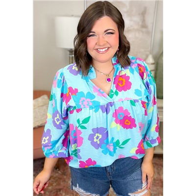 Light Blue Plus Size Floral Print Notched V Neck Babydoll Blouse