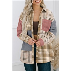 Pink Plaid Color Block Patchwork Shirt Jacket with Pocket