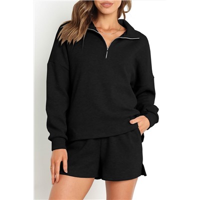 Black Ribbed Zipper Sweatshirt and High Waist Shorts Set