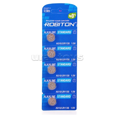 Батарейки алкалиновые ROBITON STANDARD R-AG10-0-BL5 (0% Hg) AG10 LR1130 389 189 LR54 BL5