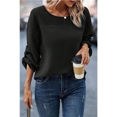 Black Roll Up Sleeve Stitching Detail Blouse